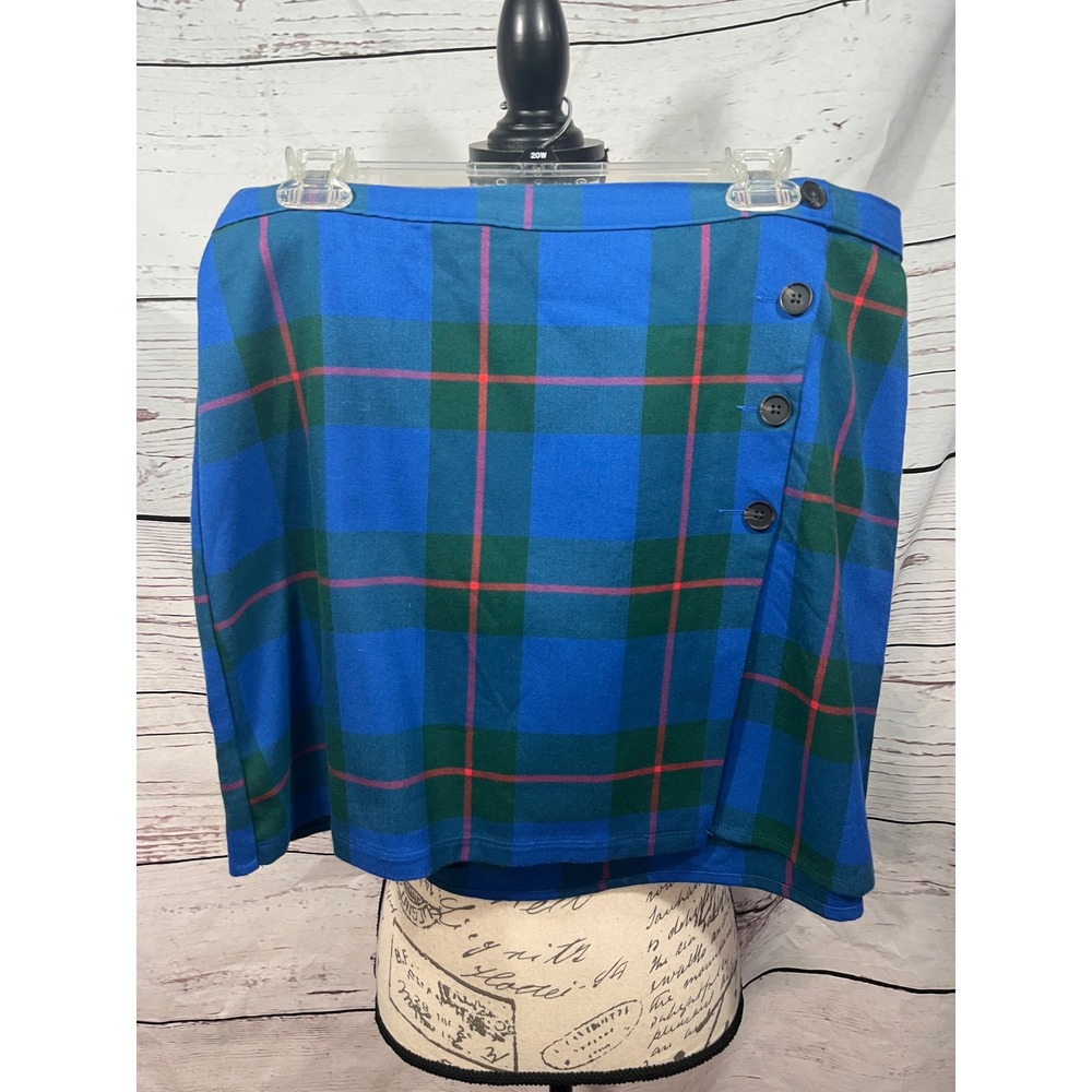 SO Goods for Life Blue Green Plaid Buttoned Faux Wrap Mini Skirt Size 17 NWT